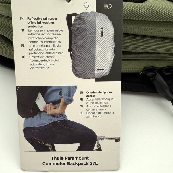 NEW Thule Paramount Commuter Backpack 27L Olivine w Reflective Rain Cover - Picture 11 of 14